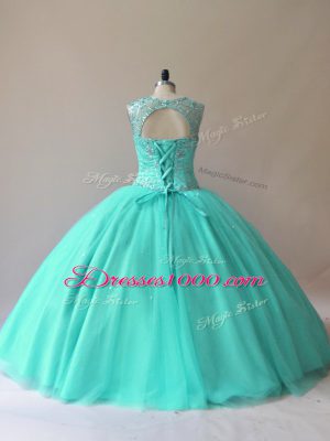 Modern Floor Length Aqua Blue Quinceanera Gown Tulle Sleeveless Beading