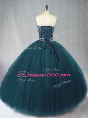 Peacock Green Tulle Lace Up Quinceanera Dress Sleeveless Floor Length Beading