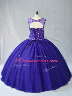 Sweet Floor Length Royal Blue Quinceanera Dress Scoop Sleeveless Lace Up