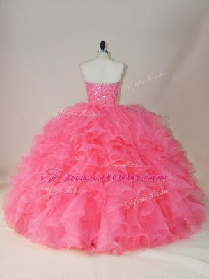 Sleeveless Floor Length Beading and Ruffles Zipper Ball Gown Prom Dress with Pink