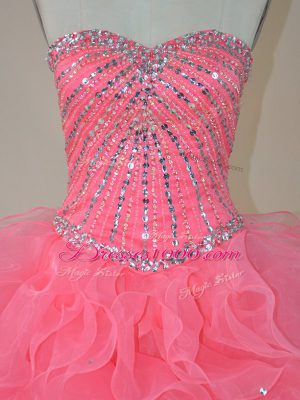 Sleeveless Floor Length Beading and Ruffles Zipper Ball Gown Prom Dress with Pink