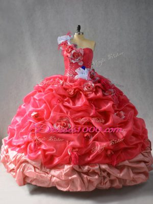 Dazzling Pick Ups and Hand Made Flower Quinceanera Dress Coral Red Lace Up Sleeveless Floor Length