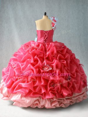 Dazzling Pick Ups and Hand Made Flower Quinceanera Dress Coral Red Lace Up Sleeveless Floor Length