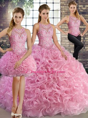 Rose Pink Sleeveless Fabric With Rolling Flowers Lace Up Quinceanera Gown for Military Ball and Sweet 16 and Quinceanera