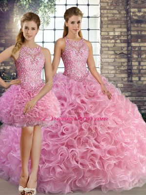 Rose Pink Sleeveless Fabric With Rolling Flowers Lace Up Quinceanera Gown for Military Ball and Sweet 16 and Quinceanera