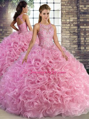 Rose Pink Sleeveless Fabric With Rolling Flowers Lace Up Quinceanera Gown for Military Ball and Sweet 16 and Quinceanera