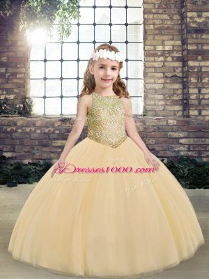 Ball Gowns Pageant Gowns For Girls Peach Scoop Tulle Sleeveless Floor Length Lace Up