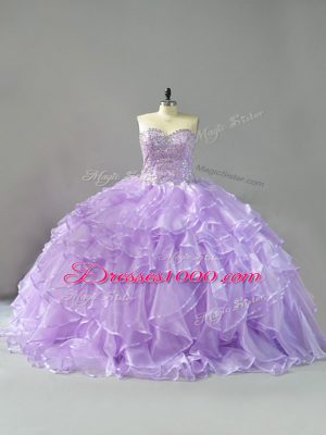 Latest Lavender Sleeveless Brush Train Beading and Ruffles 15th Birthday Dress