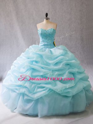 Fashionable Sleeveless Organza Floor Length Lace Up Quinceanera Dresses in Aqua Blue with Beading and Pick Ups