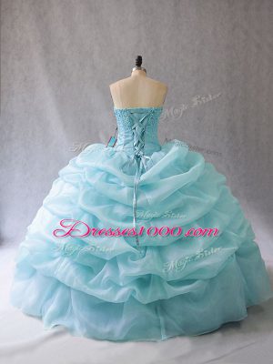 Fashionable Sleeveless Organza Floor Length Lace Up Quinceanera Dresses in Aqua Blue with Beading and Pick Ups