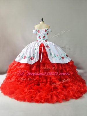 Fine White And Red Sweet 16 Dress Off The Shoulder Sleeveless Court Train Lace Up