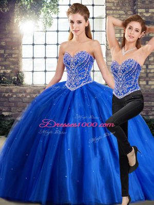 Spectacular Sweetheart Sleeveless Tulle Quinceanera Gown Beading Brush Train Lace Up