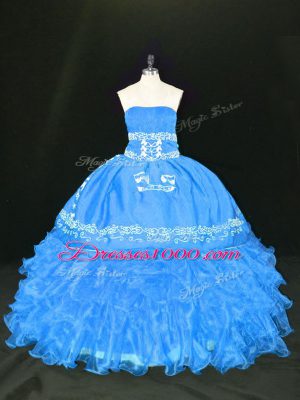 High End Blue Lace Up Strapless Embroidery and Ruffles Sweet 16 Dress Organza Sleeveless