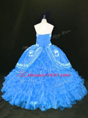 High End Blue Lace Up Strapless Embroidery and Ruffles Sweet 16 Dress Organza Sleeveless