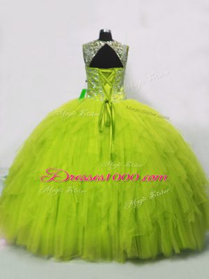 Yellow Green Tulle Lace Up Straps Sleeveless Floor Length 15 Quinceanera Dress Beading and Ruffles