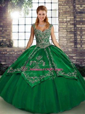 Affordable Tulle Straps Sleeveless Lace Up Beading and Embroidery Sweet 16 Quinceanera Dress in Green