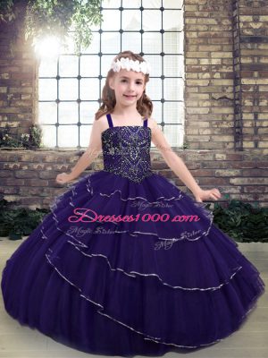 Floor Length Lace Up Evening Gowns Purple for Party and Military Ball and Wedding Party with Beading