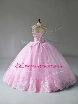 Discount Sleeveless Tulle Floor Length Lace Up Sweet 16 Dress in Baby Pink with Beading and Appliques