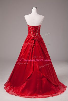 Beading and Embroidery Ball Gown Prom Dress Wine Red Lace Up Sleeveless Floor Length