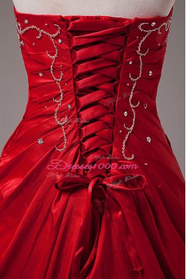 Beading and Embroidery Ball Gown Prom Dress Wine Red Lace Up Sleeveless Floor Length