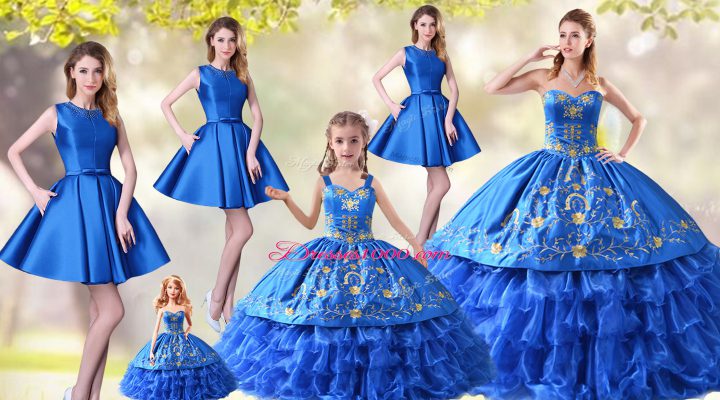 Classical Organza Sweetheart Sleeveless Lace Up Embroidery and Ruffled Layers 15 Quinceanera Dress in Blue