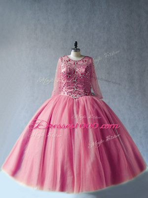 Cute Pink Lace Up Scoop Beading Sweet 16 Dresses Tulle Long Sleeves
