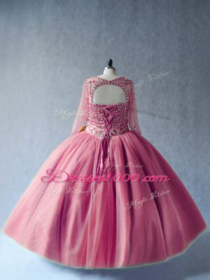 Cute Pink Lace Up Scoop Beading Sweet 16 Dresses Tulle Long Sleeves