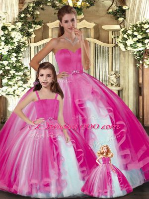 Affordable Hot Pink Sweetheart Lace Up Ruffles Quince Ball Gowns Sleeveless
