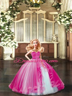 Affordable Hot Pink Sweetheart Lace Up Ruffles Quince Ball Gowns Sleeveless