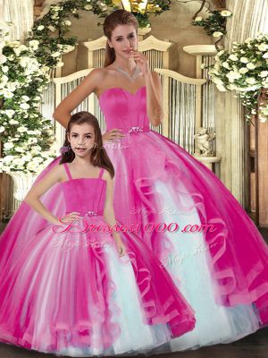 Affordable Hot Pink Sweetheart Lace Up Ruffles Quince Ball Gowns Sleeveless