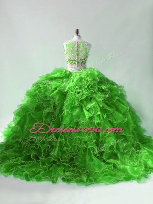 Custom Design Zipper Quinceanera Dress Green for Sweet 16 and Quinceanera with Beading and Ruffles Brush Train