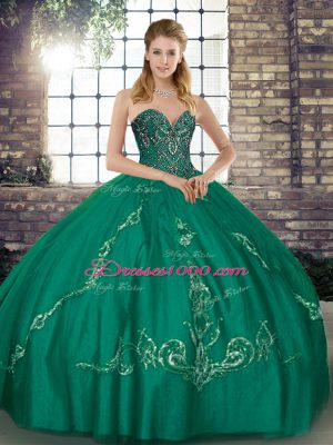 Affordable Turquoise Ball Gowns Sweetheart Sleeveless Tulle Floor Length Lace Up Beading and Embroidery Sweet 16 Quinceanera Dress