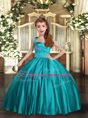 Straps Sleeveless Winning Pageant Gowns Floor Length Ruching Teal Satin