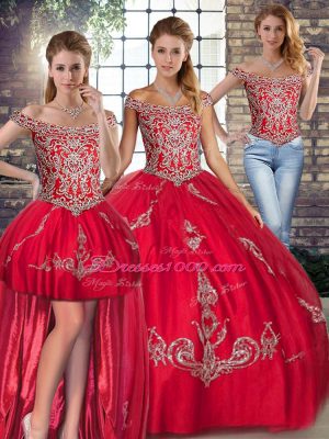 Floor Length Three Pieces Sleeveless Red 15 Quinceanera Dress Lace Up
