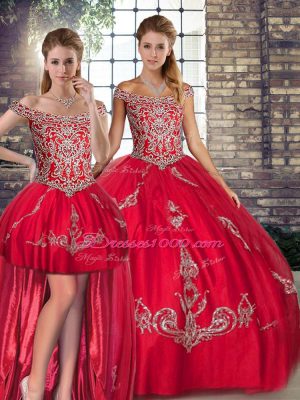 Floor Length Three Pieces Sleeveless Red 15 Quinceanera Dress Lace Up