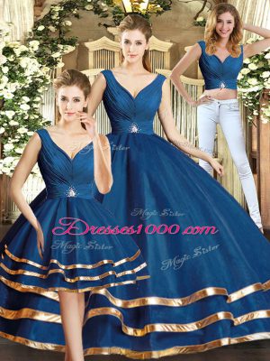 Modest Floor Length Backless Vestidos de Quinceanera Navy Blue for Military Ball and Sweet 16 and Quinceanera with Beading and Ruffled Layers