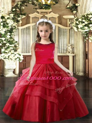 Top Selling Tulle Scoop Sleeveless Lace Up Ruffled Layers Kids Formal Wear in Red