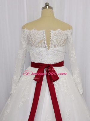 White Off The Shoulder Clasp Handle Beading and Lace and Belt Wedding Gowns Brush Train Long Sleeves