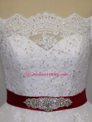 White Off The Shoulder Clasp Handle Beading and Lace and Belt Wedding Gowns Brush Train Long Sleeves
