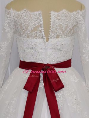 White Off The Shoulder Clasp Handle Beading and Lace and Belt Wedding Gowns Brush Train Long Sleeves