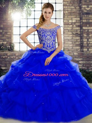 Royal Blue Lace Up Off The Shoulder Beading and Pick Ups Sweet 16 Quinceanera Dress Tulle Sleeveless Brush Train