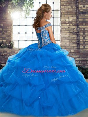 Royal Blue Lace Up Off The Shoulder Beading and Pick Ups Sweet 16 Quinceanera Dress Tulle Sleeveless Brush Train