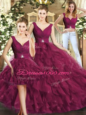 Burgundy V-neck Neckline Beading and Ruffles Quince Ball Gowns Sleeveless Backless