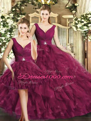 Burgundy V-neck Neckline Beading and Ruffles Quince Ball Gowns Sleeveless Backless