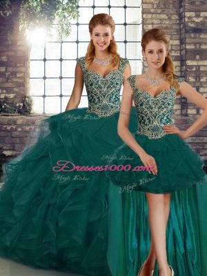 Chic Peacock Green Tulle Lace Up 15 Quinceanera Dress Sleeveless Floor Length Beading and Ruffles