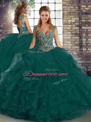 Chic Peacock Green Tulle Lace Up 15 Quinceanera Dress Sleeveless Floor Length Beading and Ruffles