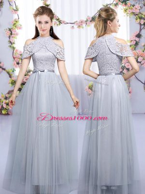 Hot Selling Grey Zipper Bridesmaid Dress Lace and Belt Sleeveless Floor Length