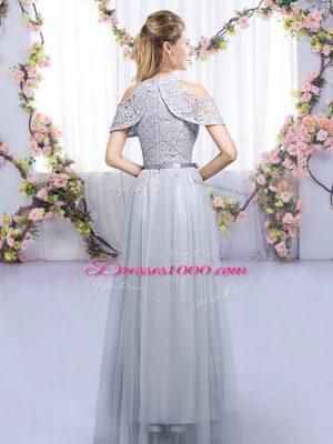 Hot Selling Grey Zipper Bridesmaid Dress Lace and Belt Sleeveless Floor Length