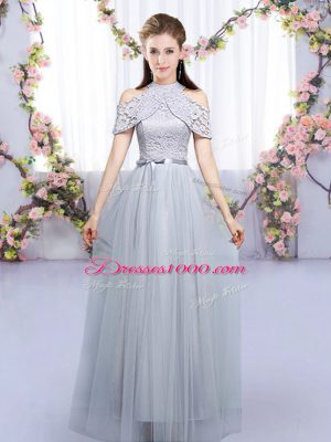 Hot Selling Grey Zipper Bridesmaid Dress Lace and Belt Sleeveless Floor Length