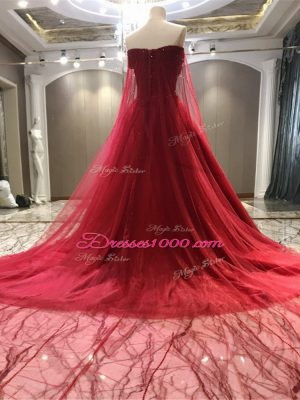 Graceful Coral Red Sleeveless Tulle Court Train Zipper Wedding Dress for Wedding Party